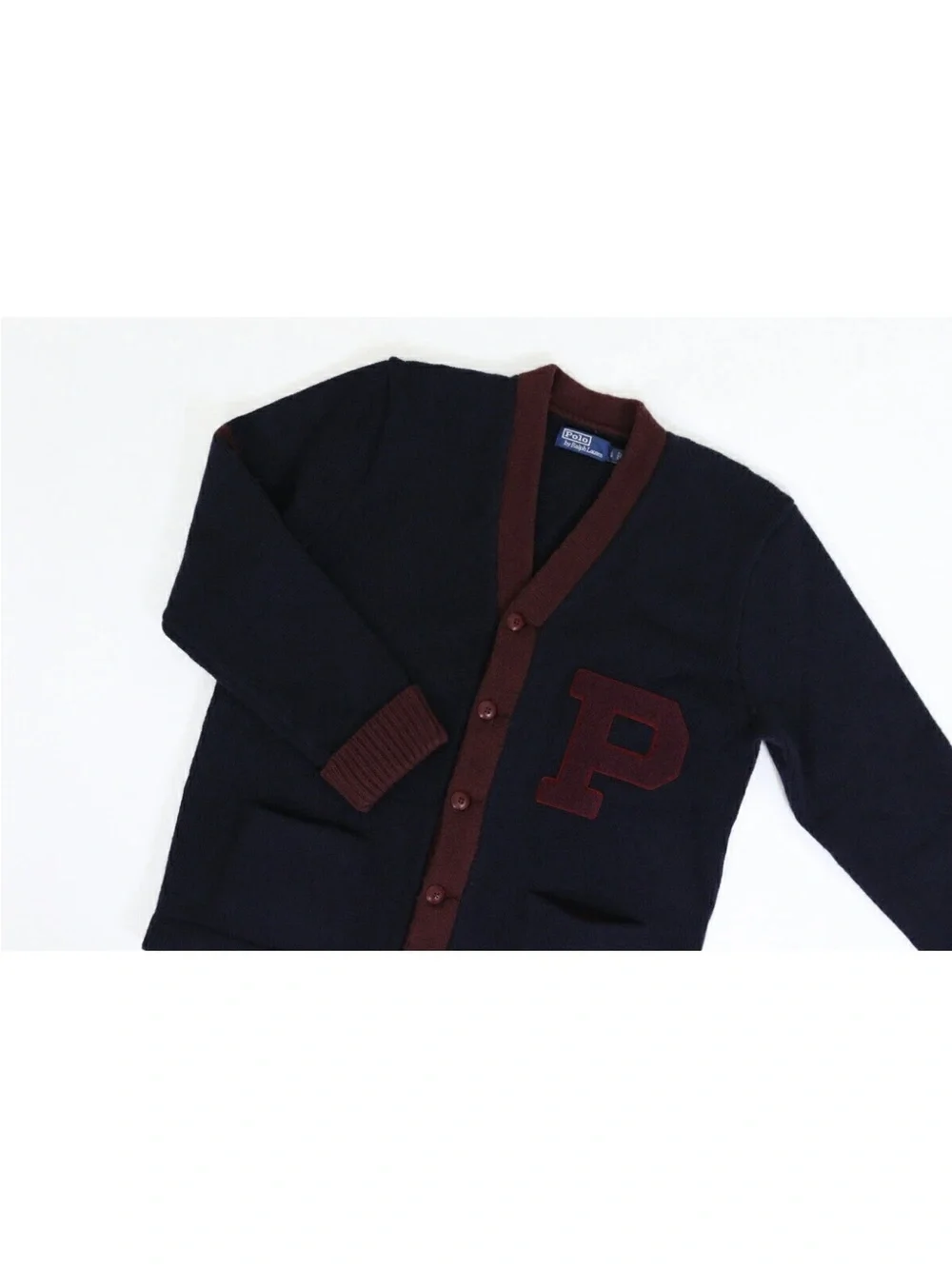 Polo by Ralph Lauren Navy Cardigan with Burgundy Trim and 'P' Patch